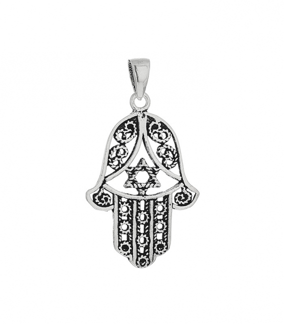 Pendentif Argent Main Fatima avec Étoile de David 24mm