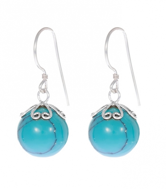 Boucle d'oreille Argent Boule Turquoise Filigrane Prix Paire