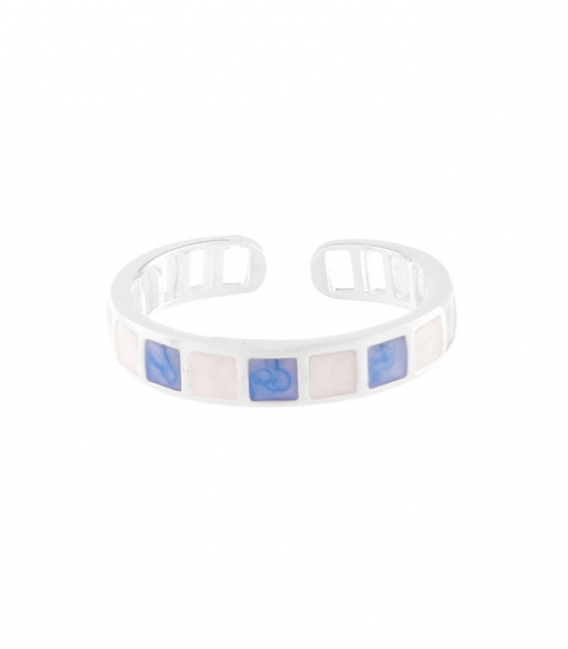 Bague Argent Ajustable Email Bleu et Blanc