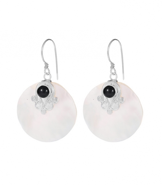 Boucle d'oreille Argent Cercle Nacre Onyx Prix Paire