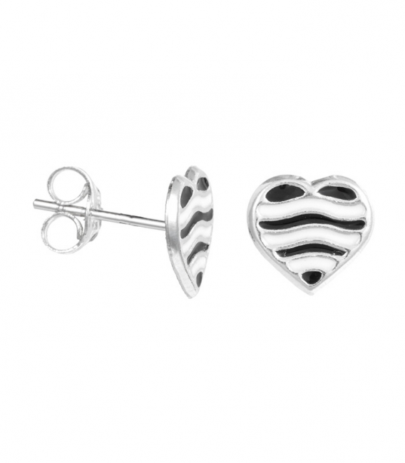 Boucle d'oreille Argent Coeur Blanc Noir Èmail Prix Paire